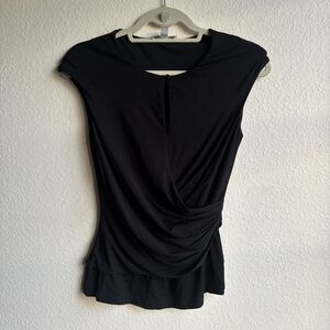 Max Mara Black Jersey Keyhole Neckline Faux Wrap Ruched Cap Sleeve Blouse Size S